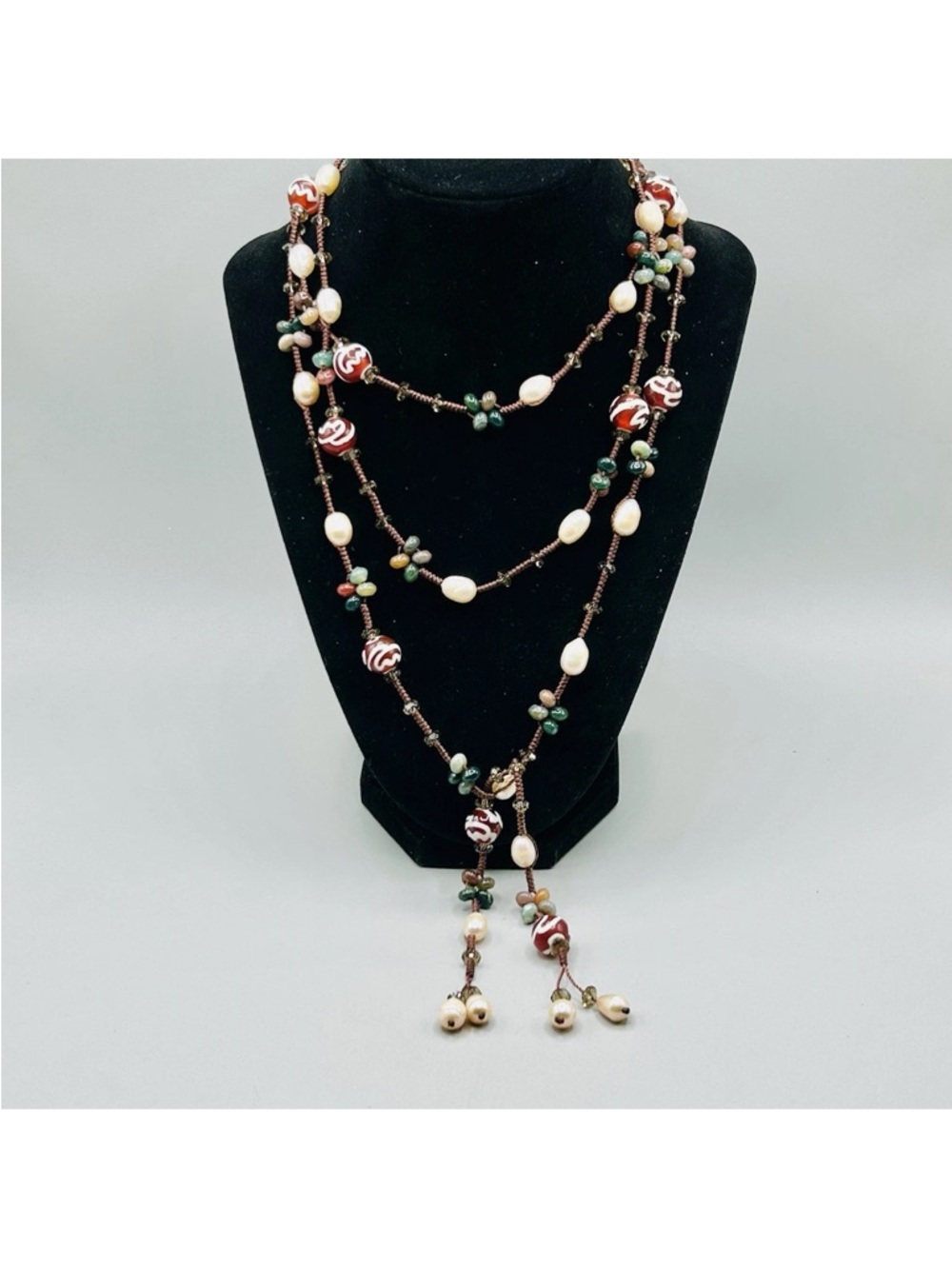 Artisan Lariat Necklace With Pearls, Handmade Glass Beads, Crystals, Agate beads